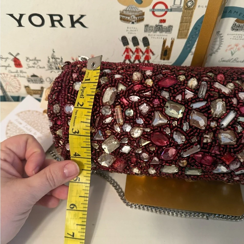 From India To You Beaded Cylinder Clutch Bag Burgundy Crystal Evening Crossbody - Picture 4 of 6